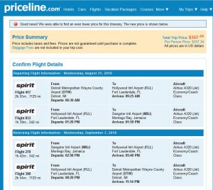 Detroit-Montego Bay: Priceline Booking Page