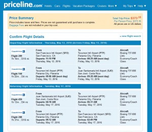 San Francisco to San Jose, Costa Rica: Priceline Booking Page