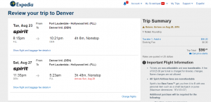 Ft Lauderdale to Denver: Expedia Booking Page