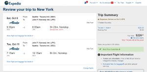 Seattle to NYC: Expedia Booking Page