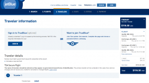 Seattle to Anchorage: JetBlue Booking Page