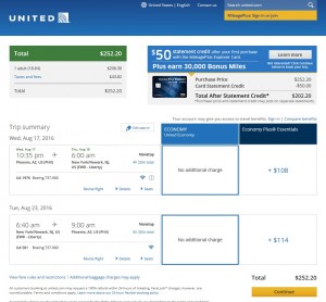 Phoenix to NYC: United Booking Page