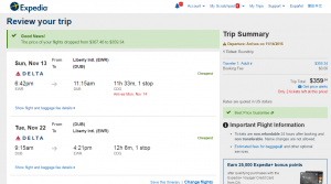 NYC to Dublin: Expedia Booking Page