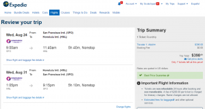 SF to Honolulu: Expedia Booking Page