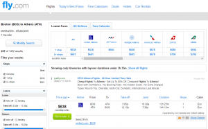 Boston to Athens: Fly.com Results Page