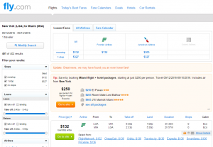 NYC to Miami: Fly.com Results Page