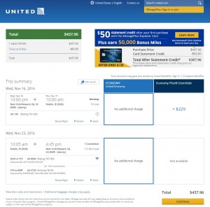 NYC to Dublin: United.com Booking Page