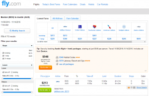Boston to Austin: Fly.com Results Page