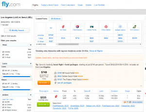 LA to Seoul: Fly.com Results Page
