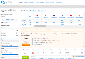 LA to Tokyo: Fly.com Results Page