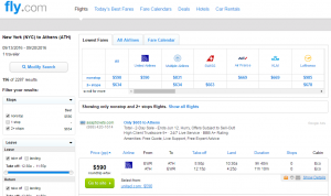 NYC to Athens: Fly.com Results Page
