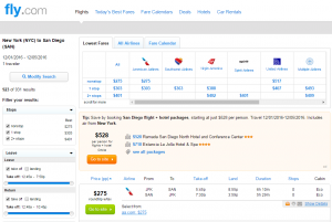 NYC to San Diego: Fly.com Results Page