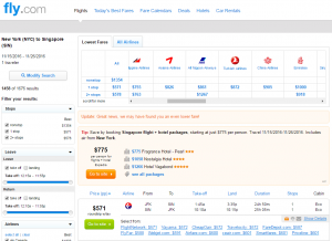 NYC to Singapore: Fly.com Results Page