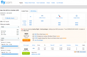 NYC to St Lucia: Fly.com Results Page