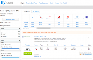 NYC to Zurich: Fly.com Results Page