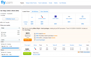 San Diego to Miami: Fly.com Results Page