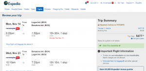 Boston to Barcelona: Expedia Booking Page