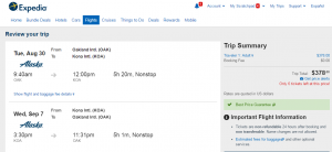 Oakland to Big Island: Expedia Booking Page