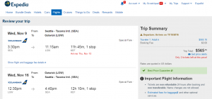 Seattle to London: Expedia Booking Page