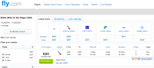 Miami to San Diego: Fly.com Results Page