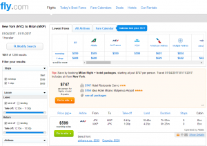 NYC to Milan: Fly.com Results Page