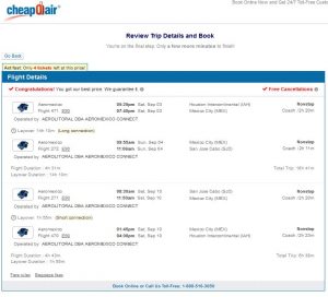 IAH-SJD: CheapOair Booking Page