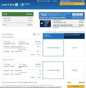 IND-HNL: United Airlines Booking Page