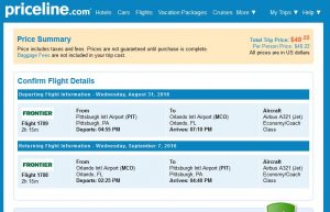 PIT-MCO: Priceline Booking Page