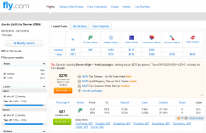Austin to Denver: Fly.com Results Page
