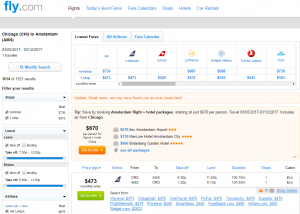 Chicago to Amsterdam: Fly.com Results Page