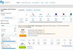 LA to Phoenix: Fly.com Results Page
