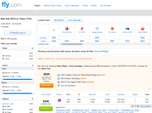 NYC to Tokyo: Fly.com Results Page