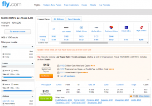 Seattle to Las Vegas: Fly.com Results Page