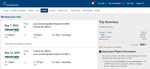 New Orleans to Orlando: Travelocity Booking Page