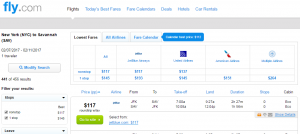 NYC to Savannah: Fly.com Results Page