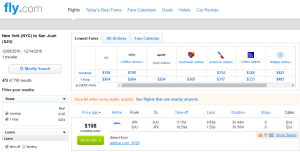 NYC to San Juan: Fly.com Results Page