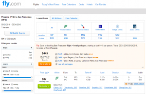 Phoenix to SF: Fly.com Results Page
