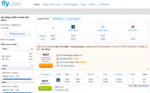 San Diego to NYC: Fly.com Results Page