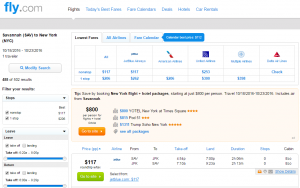 Savannah to NYC: Fly.com Results Page