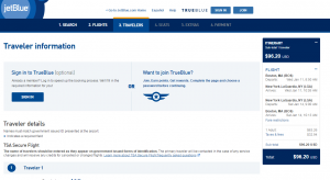 Boston to NYC: JetBlue Booking Page