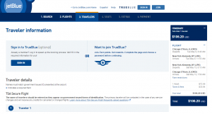 Chicago to NYC: JetBlue Booking Page