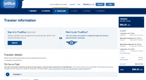 Charleston to D.C.: JetBlue Booking Page