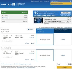 CHI-AUS: United Airlines Booking Page ($102)