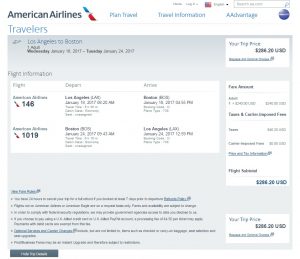 Los Angeles to Boston: American Airlines Booking Page