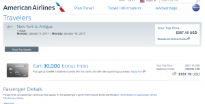 NYC to Antigua: American Airlines Booking Page