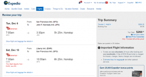 SF to NYC: Expedia Booking Page