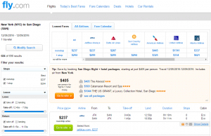 NYC to San Diego: Fly.com Results Page