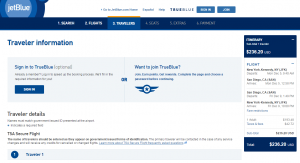 NYC to San Diego: JetBlue Booking Page
